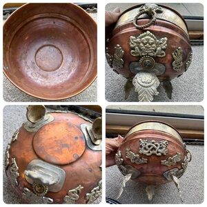 Vintage Large Copper Bowl Brass Footed with Dragon Motif